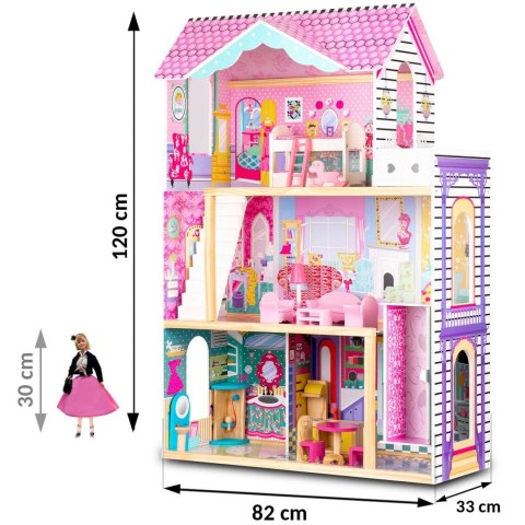 Drewniany domek dla lalek duży 3-piętrowy z windą i lampką LED Drewniany domek dla lalek duży 3-piętrowy z windą i lampką LED