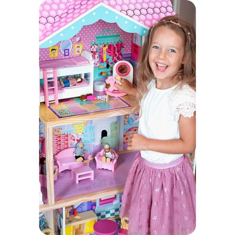 Drewniany domek dla lalek duży 3-piętrowy z windą i lampką LED Drewniany domek dla lalek duży 3-piętrowy z windą i lampką LED