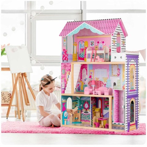 Drewniany domek dla lalek duży 3-piętrowy z windą i lampką LED Drewniany domek dla lalek duży 3-piętrowy z windą i lampką LED